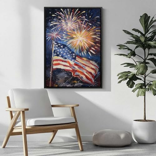 Image of American Flag Framed Canvas Wall Art, 4th of July Red White Blue Canvas Prints, USA Flag with Fireworks Patriotic Decorations, Modern Independence Day Wall Decor for Bedroom Living Room 6x8