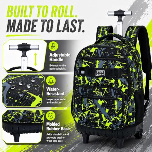 Image of 3Pcs Rolling Backpack for Boys Men, Travel Roller Backpacks with Wheels for Adults, Teens College Graffiti Wheeled Bookbag with Lunch Box(Green)