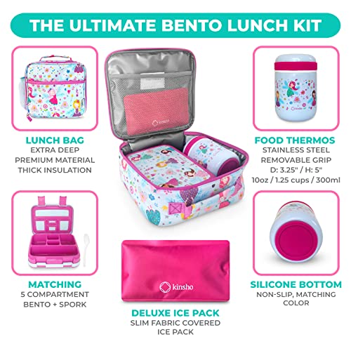 Image of Bento Lunch Box with Stainless Steel Thermo, Matching Insulated Lunch Bag and Ice Pack Set for Girls, Kids, 5 Divided Compartments, Snack Container for Toddler Daycare, Pink Fairy Princess
