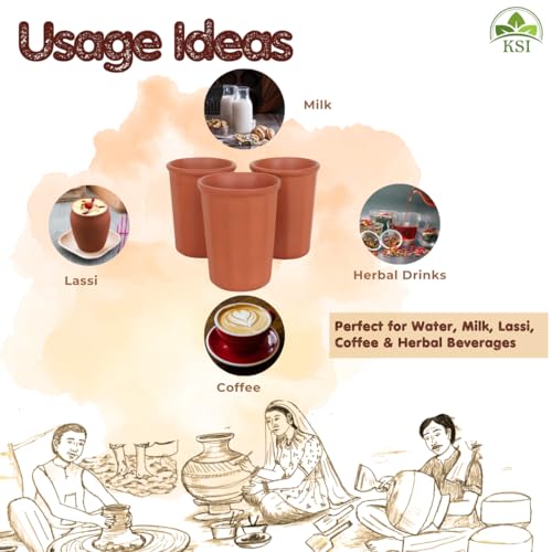 Image of KSI Earthen Clay Water Glass Set of 6 | 225 ml Mitti Drinking Glasses | Unglazed Terracotta Glass for Water Milk Coffee Herbal Drinks | Traditional Clay Drinkware for Kitchen Table Use