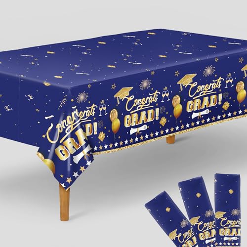 Image of KatchOn Graduation Tablecloth - Pack of 3, 54x108 Inch | Blue and Gold Graduation Decorations 2026, Congrats Grad Tablecloth | Graduation Table Decorations 2026, Plastic Tablecloth Disposable