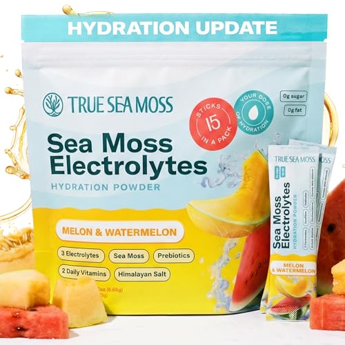 TrueSeaMoss Electrolytes Powder Concentrate Packets 15 Stickpacks Hydration Powder with Sea Moss and Potassium No Sugar Drinks Melon & Watermelon