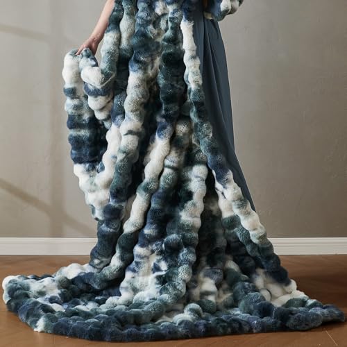 Image of Wonderful - 3 Pieces Faux Rabbit Fur Comforter Set Queen Size, Teal Tie Dye Plush Bedding Set, 3D Sculpted Bubble Warm Fluffy Comforter for Winter