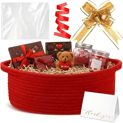 Image of Colingmill Woven Basket with Gift Bags and 2 Ribbons, Raffia Grass Paper Shred Filler, Gift Card, Empty Small Rope Basket for Storage Presents Toy Organizer(Red,12 * 8 Inch)