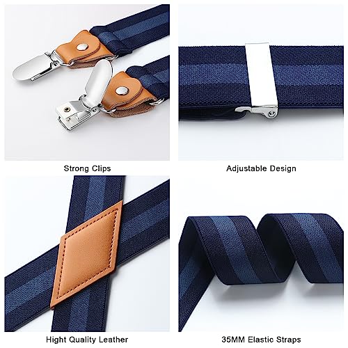 Hisdern Suspenders For Men X-Back 1.4 Inch Navy Blue Striped Adjustable Elastic Suspender Braces Strong 4 Clips For Work Trousers Wedding Formal thumb #3