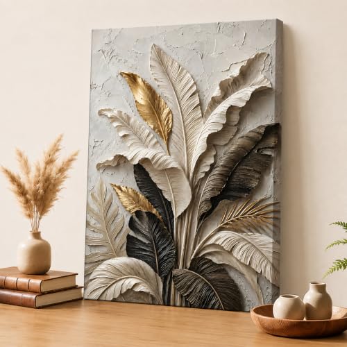 Image of PAINTINGMANTRA Textured Embossed Leaf Floral Canvas Wall Art Painting for wall decoration, Neutral & Gold Tropical Leaf Motifs Flower Stretched Canvas Painting for living room, bedroom, Office, 22x34 Inch