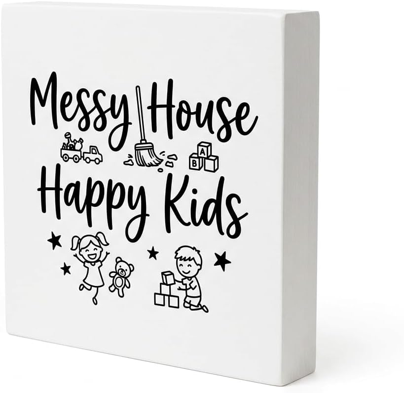 Messy House Happy Kids Funny Office Decor Wooden Box Sign Rustic Farmhouse Square Desk Decor for Shelf, Home, Office Desk Accessories 5 x 5 Inch