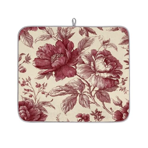 Axurera Tapete de secado de platos floral de peonía rojo borgoña para encimera de cocina, tapete escurridor de platos absorbente, lavable, para escurridores de encimera, 46 x 41 cm