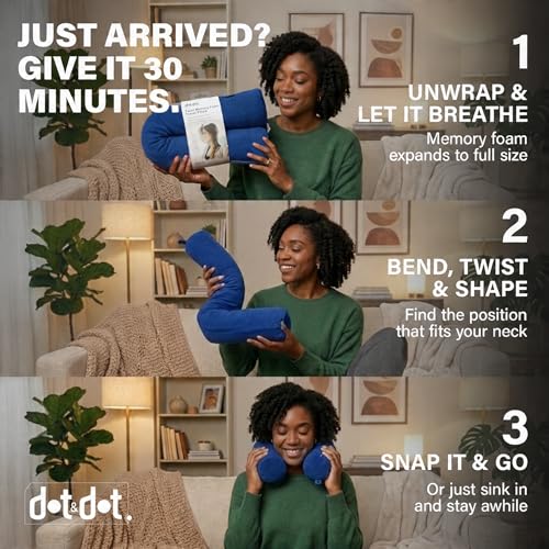 Image of Dot&Dot Twist Memory Foam Travel Pillow, Bendable Neck Pillow for Airplane, Car and Home, 26-Inch Adjustable Roll with Washable Cotton Cover, Sapphire