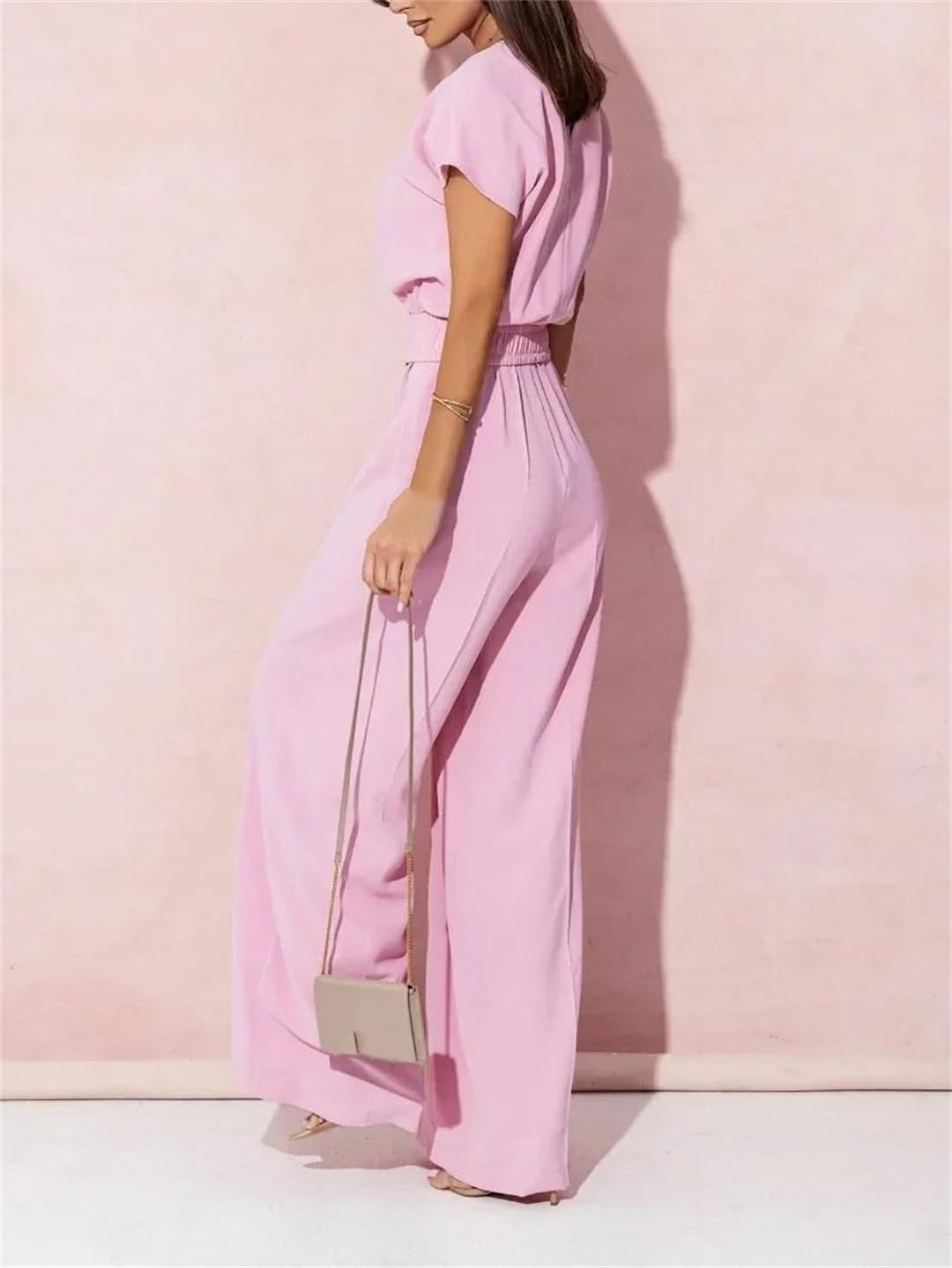Yeuyyben Pagliaccetto estivo da donna con scollo a V manica corta gamba larga cintura casual elegante tinta unita