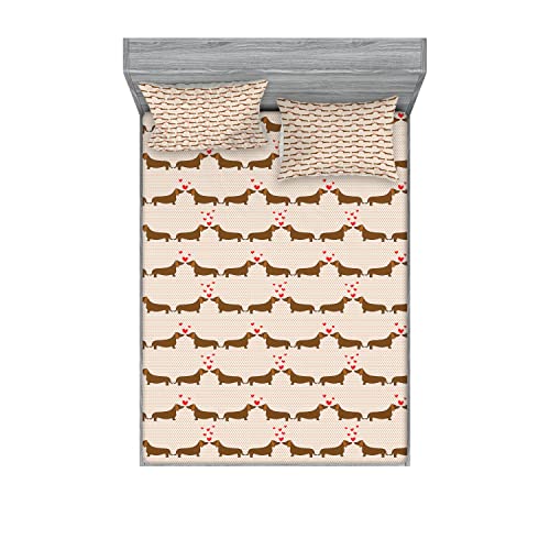 Ambesonne Dachshund Fitted Sheet & Pillow Sham Set, Cartoon Sausage Dogs in Love on Polka Dotted Backdrop, Decorative Printed 6 Piece Bedding Decor, Calking, Chocolate Vermilion