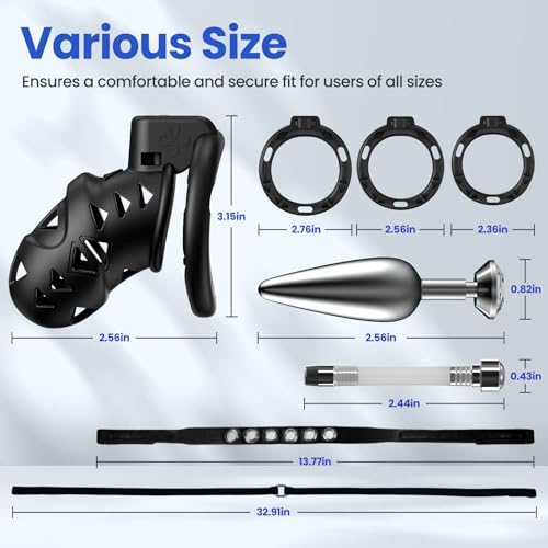 Male Chastity Cock Cage with Anal Butt Plugs, Adjustable Strap on Harness Chastity Belts Devices with 3 Sizes Rings, Penis Cage Adult Sex Toys with BDSM Bondage Gear Accessories - 5