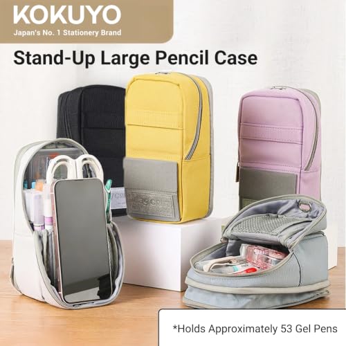 Image of KOKUYO Pencil Case Pouch, Standing Pen Pouch Bag, Foldable Magnetic Stand up Phone Pencil Holder Organizer, Large Capacity Portable Pencil Box for Office, Home & College Use. (Mag Critz Neo - Yellow)