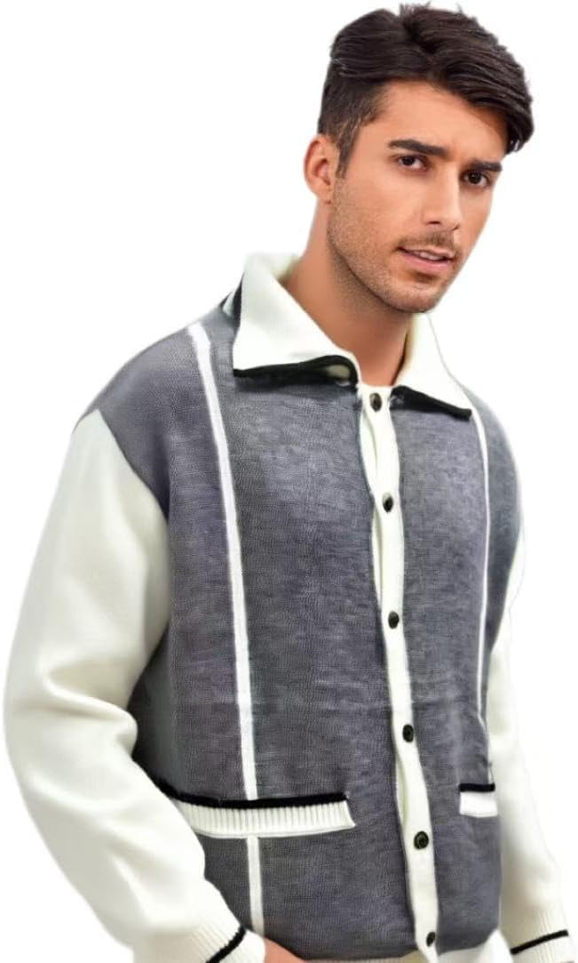 Men's Color Block Cardigan Sweater, V-Neck Button Down Design, Navy Blue, Yellow, Red, Beige, Knit Pattern