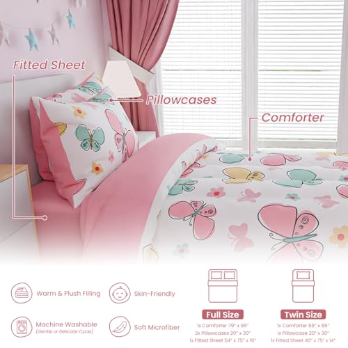 Image of SANDJEST Butterfly Full Bedding Sets for Girls, Ultra Soft Microfiber Comforter Set with 4-Pieces, Bed Sets for Kid Tween Teen Bedroom Decor
