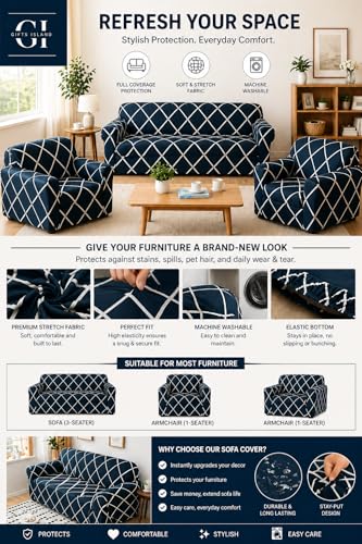 Image of Gifts Island Sofa Cover 3 Seater and 2 Seater Fully Covered Universal 5 Seater Sofa Cover Non-Slip Sticky Elastic Stretchable Sofa Set Slipcover Protector for (3+1+1 Seater) (Peacock Grill)