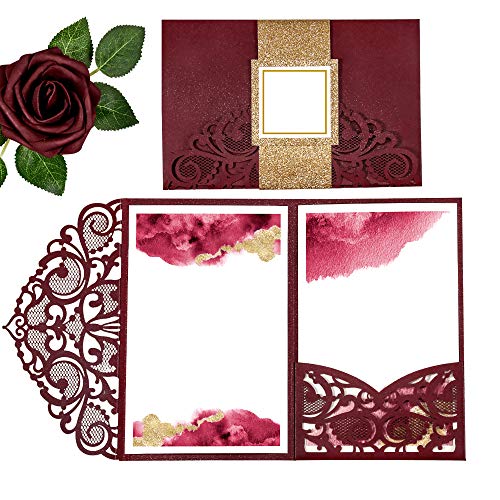 DORIS HOME 4.7x7 Inch 50PCS Burgundy Preprinted Floral Laser Cut With Envelopes Kit With Gold Glitter Belly Band Invitation Cards For Wedding