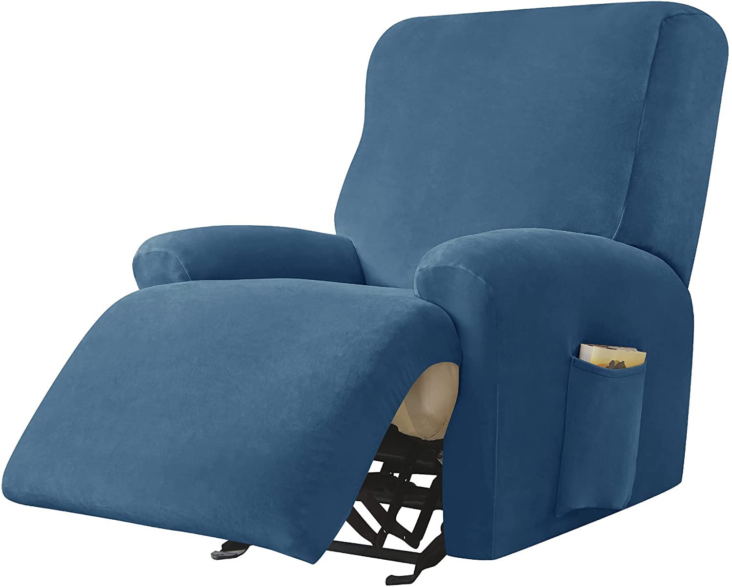 FASCINATDECO 4-Pieces Velvet Recliner Covers Recliner Chair Covers for Leather and Cloth | Living Room Recliner Chair Slipcovers with Side Pocket, Fitted 23"-35" Seat Width (Peacock Blue)