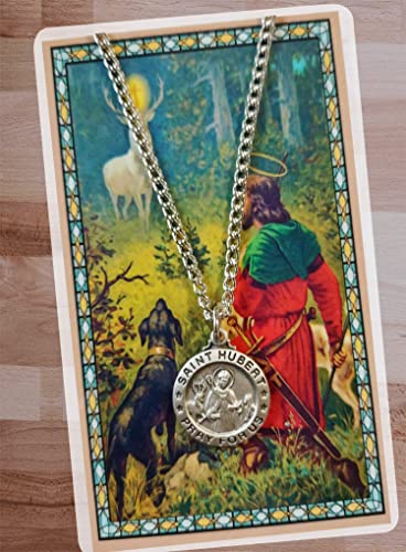 St Hubert Necklace with St Hubert Prayer Card, Lord's Prayer Card | St Hubert Pendant Medal Jewelry | Catholic Patron Saint Of Hunters, Dogs, Archers Themed St Hubert Medallion Set | Total 3 Items3