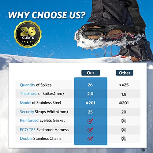 Foto von Spikes für Schuhe Winter, Steigeisen für Bergschuhe mit 26 Edelstahl Zähne Grödel Spikes, Anti-Rutsch Schuhkrallen Schuhspikes für Bergsteigen Klettern Wandern Trekking High Altitude Winter Outdoor XL