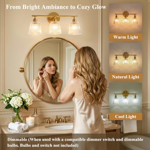 Image of Bathroom Light Fixtures, 3-Light Gold Bathroom Vanity Lights Over Mirror