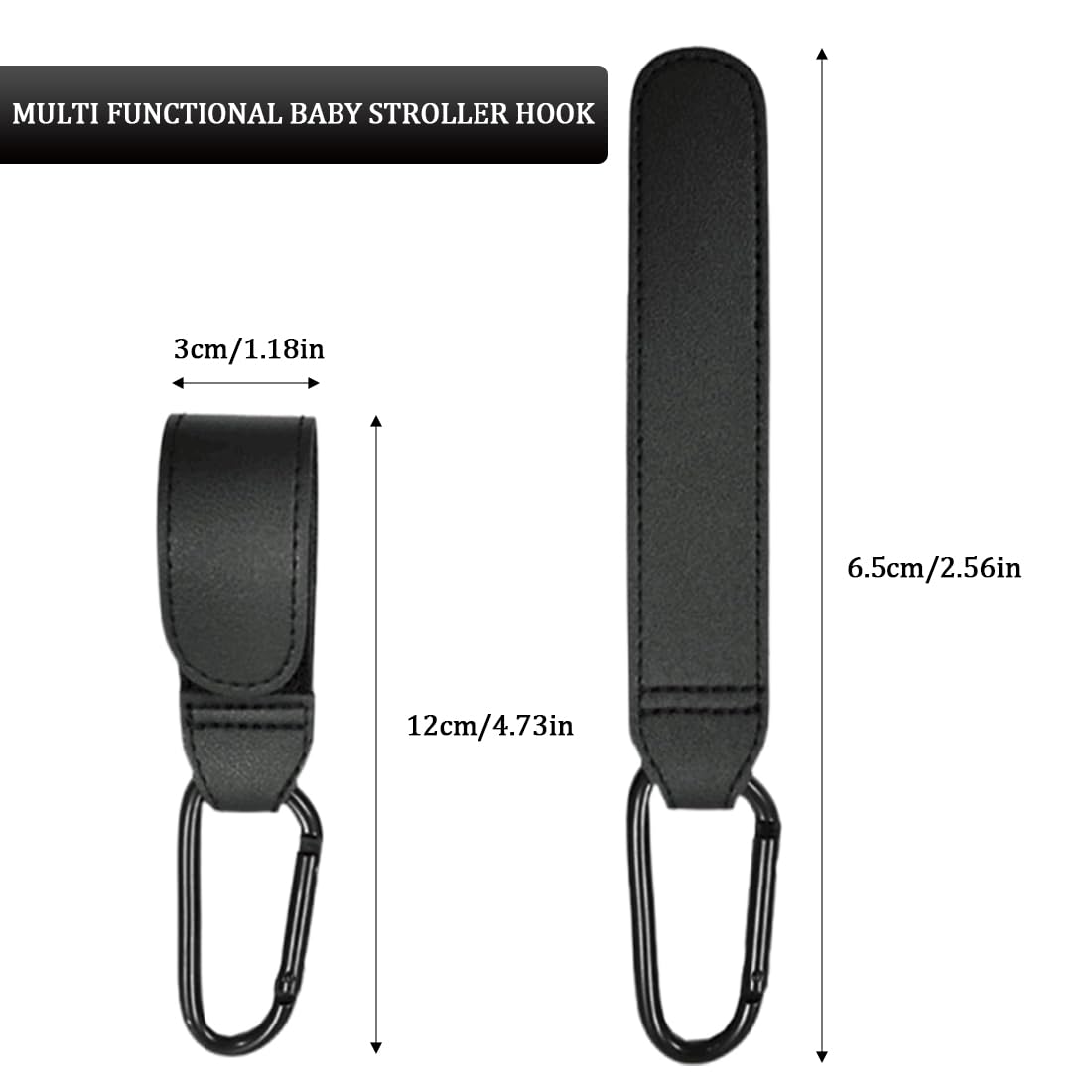 2 Ganci in Pelle Nero, Gancio per Passeggino in Pelle per Pannolini, Accessori Universali per Passeggino, per Borse della Spesa, Zaini e Borse a Mano (Nero)