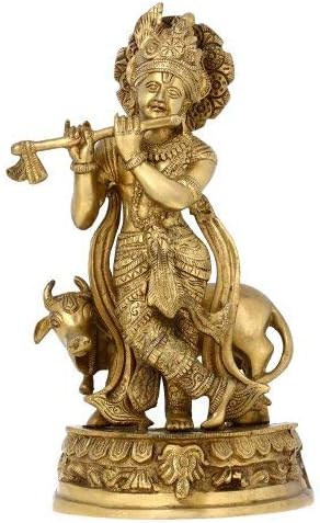 Astadhatu (8 Metals) Made Krishna Statue Cow/Krishna Cow Brass Idol/Shri Krishna Cow Brass Idol- Vrindavan (6 cm)