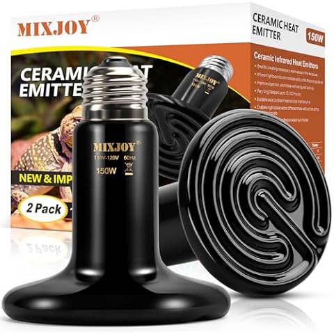 MIXJOY 150W Reptile Heat Lamp 2Pack Ceramic Heat Emitters Reptile Heat Lamp Bulbs, No Light Emitting Ceramic Heat Bulbs for Amphibian Terrarium Reptile Gecko Lizard Bearded Dragon Turtle Chicken Snake Cover