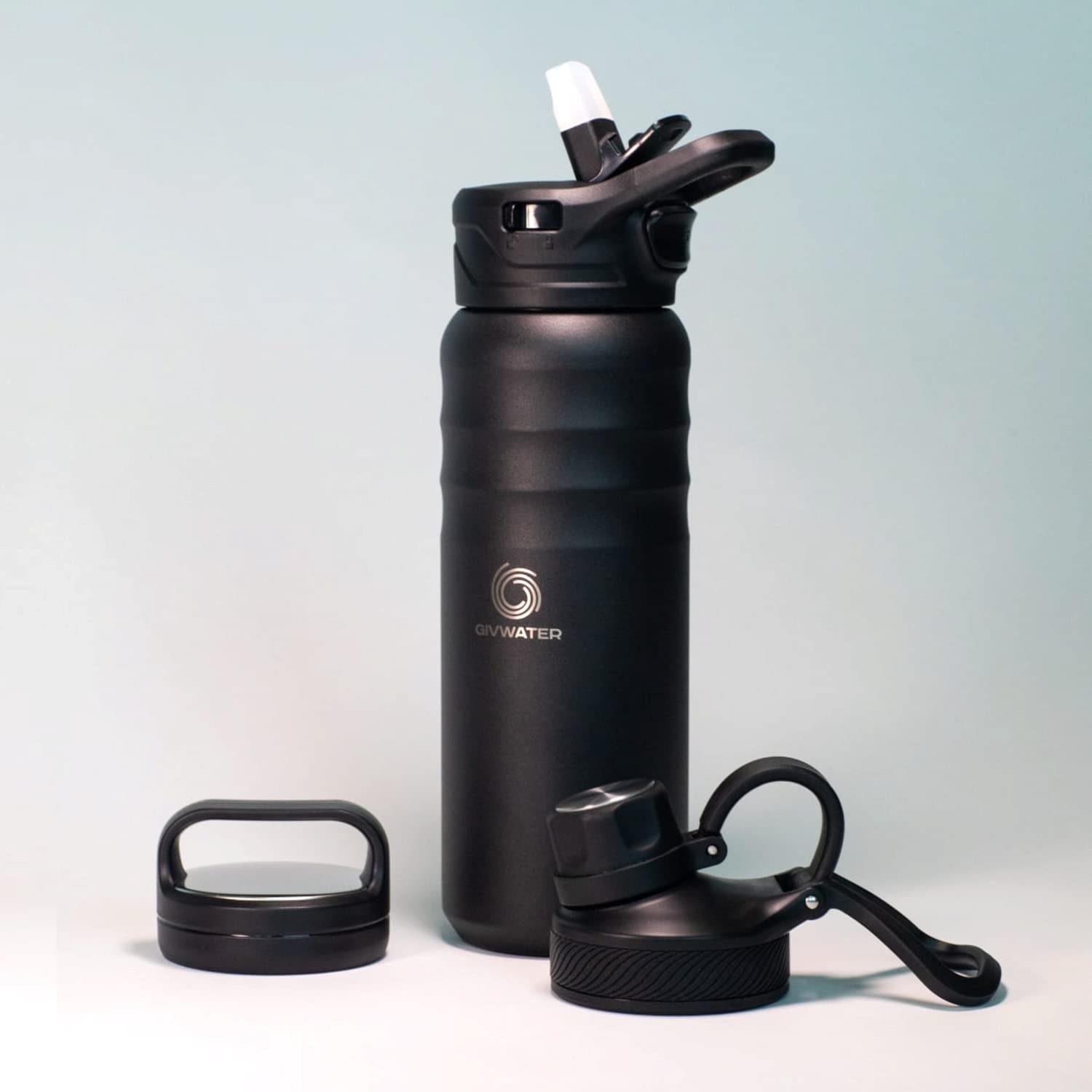 GIVWATERStainless Steel Sports Insulated Water Bottle with 3 Lids - 700ML(24oz) Metal Water Bottle Thermos Flask with Wide Mouth Design, Hydro Flask for Gym and Outdoor Activities (Black)