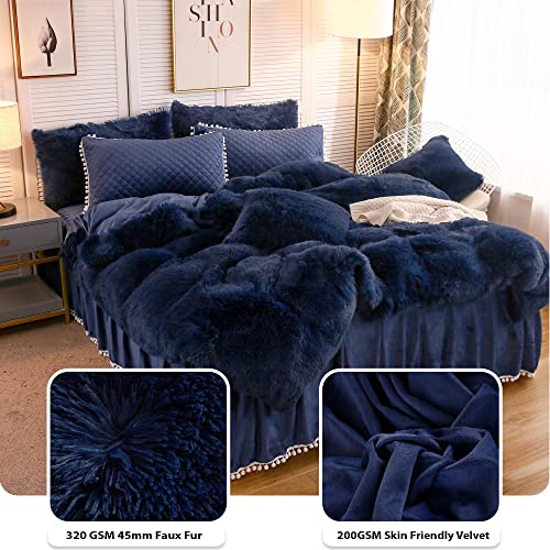 Image of LIFEREVO Luxury Plush Shaggy Duvet Cover Set, Soft Velvet Fluffy Furry Duvet Cover Set(1 Faux Fur Fuzzy Comforter Cover + 2 Pom Poms Pillowcases) Solid Bedding Set, Zipper Closure(Full /Queen, Navy)