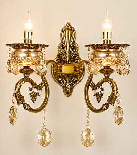 Image of Italian Wall Lamp, Antique Gold Finish, Double Light Wall Lamp with Decorative Crystals with Filament Bulb (Warm White) (Corded Electric, Glass)