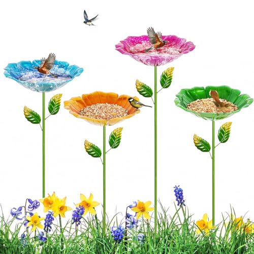 Image of 4 Pack Bird Bath for Outside, Outdoors Garden Decor Flower Birdbath | Colorful Metal Bird Bowl with Five Stakes for Hummingbird Baths & Bird Feeders, 31.3 inch H x 10.63 inch Dia (Red,Yellow,Blue,Green)