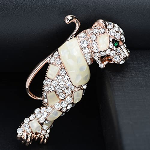 Image of Vintage Crystal Shell Leopard Brooch Lapel Pin Breastpin Rhinestone Animal Jewelry for Men Women