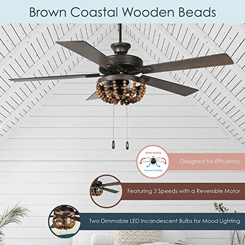 RIVER OF GOODS Coastal 52 Inch Wooden Bead LED Ceiling Fan, Brown - Image 4