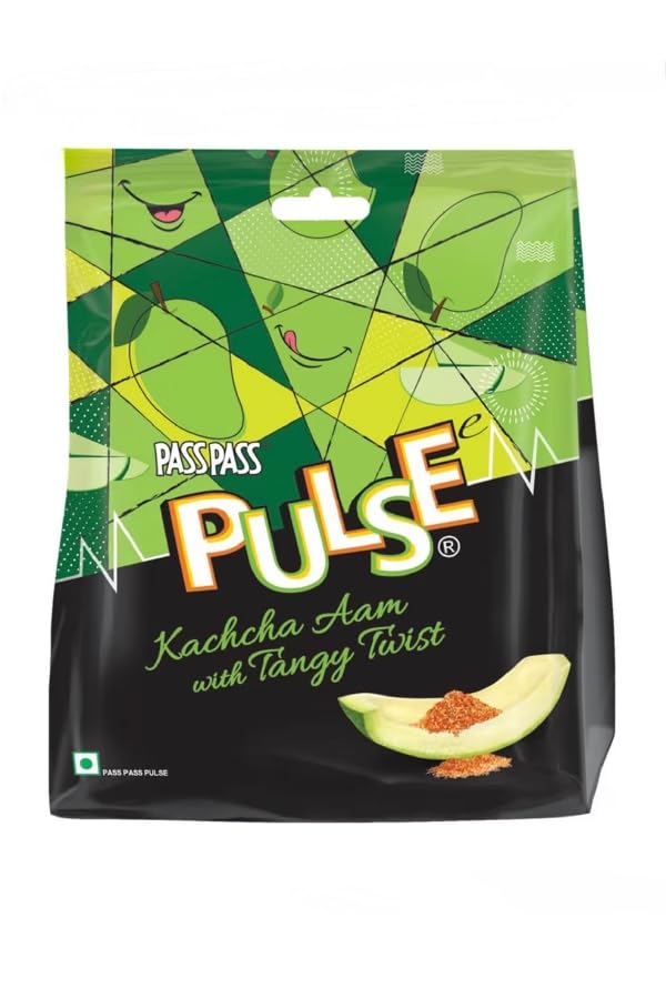 Pulse Kachcha Aam Candy | Tangy Raw Mango Flavoured Hard Candy with Spicy Masala Center | Desi Chatpata Aam Toffee | Refreshing Sour Sweet Candy for Kids & Adults (Pack of 4)