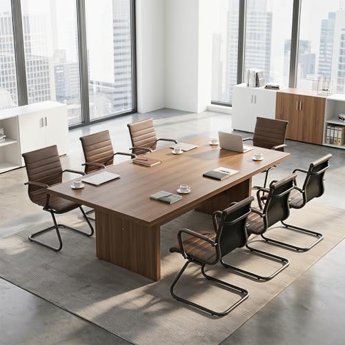 Image of HNY Leather Office Guest Chairs & Reception Chairs Set of 10, Modern Waiting Room Chairs with Arms, Desk Chair no Wheels with Sled Base for Waiting Room /Conference Room, Retro Brown