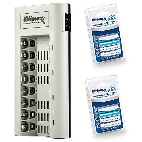 Ultimaxx Charger with Batteries – 8 Port Battery Charger and 2X AAA Batteries 1100mAh (4Pcs) Memory Free- Rechargeable, Ni-MH, Durable & Long-Lasting Batteries