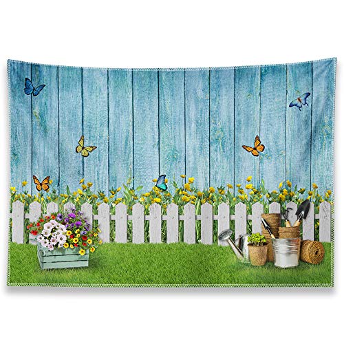 Allenjoy 8x6ft Easter Photography Backdrop Spring Garden Floral Flower Butterfly Fence Grass Blue Wooden Wall Background Birthday Baby Shower Party Decor Supplies Kids Portrait Photo Booth Studio Prop