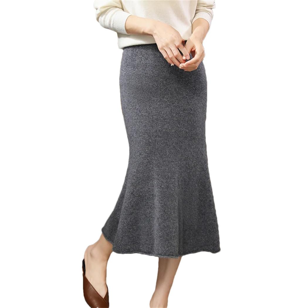 Womens Vintage Wool High Elastic A line Skirt Flared Pleated Knitting Long Skirts