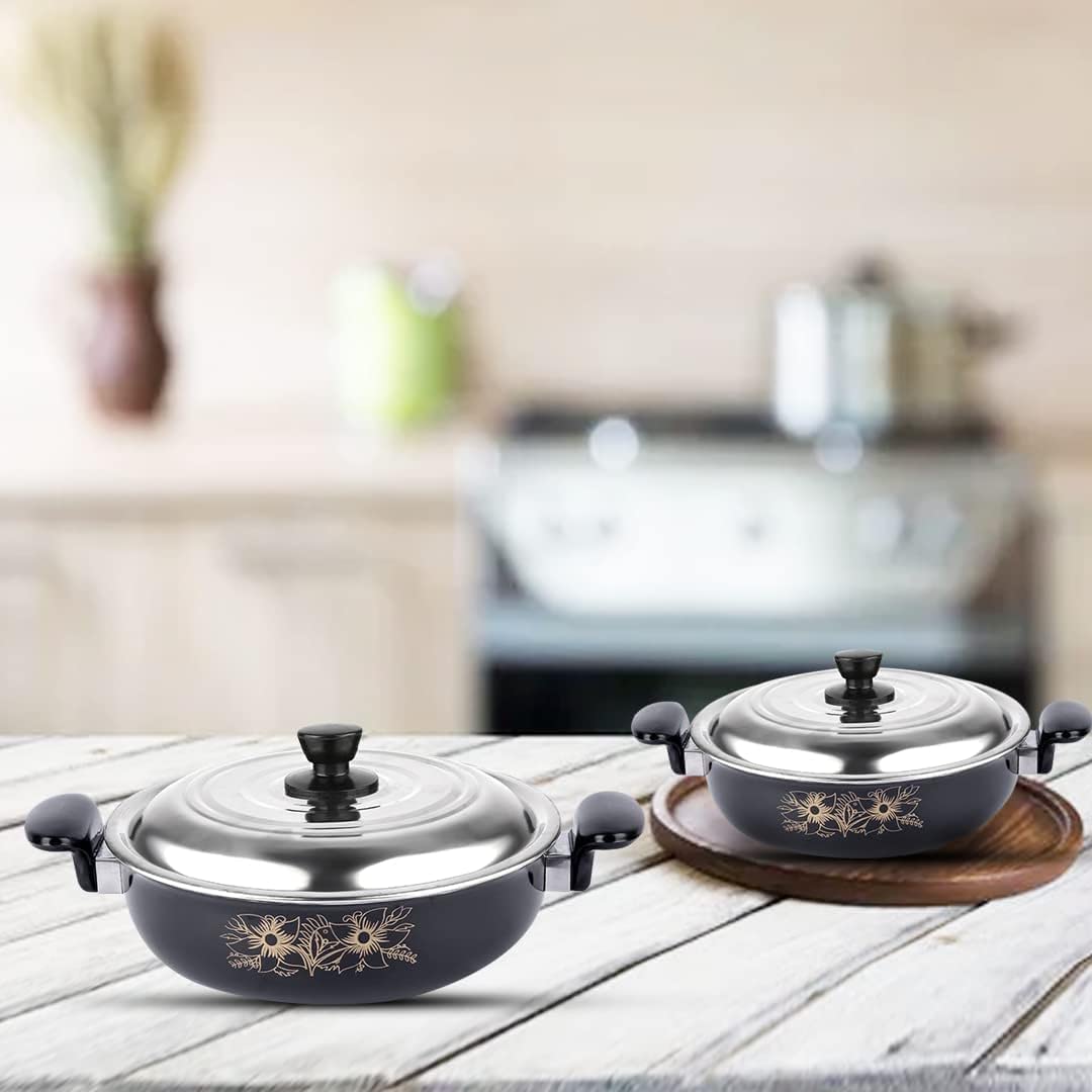 ATEVON Non-Stick Kadai Gift Set, 2-Combo with Lid, 26 cm, Cast Iron