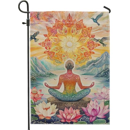 Meditative Water Lily Flower Garden Flag, Colorful Chakra Design Outdoor Decor, Double Sided Summer Yard Banner for Meditation and Relaxation, Spiritual Home Lawn Decoration 12x18 Inch