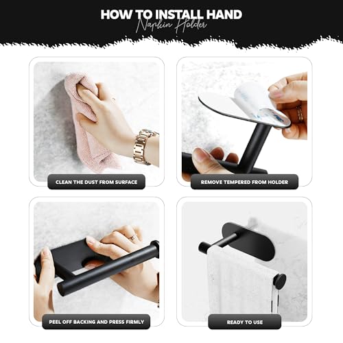 Image of MIORAH Self Adhesive Aluminum Hand Towel Holder in Bathroom | Wall Mounted Towel Hanger for Wash Basin & Bathroom Towel Hanger for Wall | Bathroom Organiser Without Drill Black