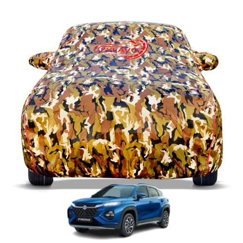 Image of Maruti Suzuki Fronx 2023-2026 Models Car Cover | Waterproof, UV & Dust Protection | Mirror & Antenna Pocket | Triple Stitched, Soft Inner Lining, Belt & Buckle (Jungle Print)