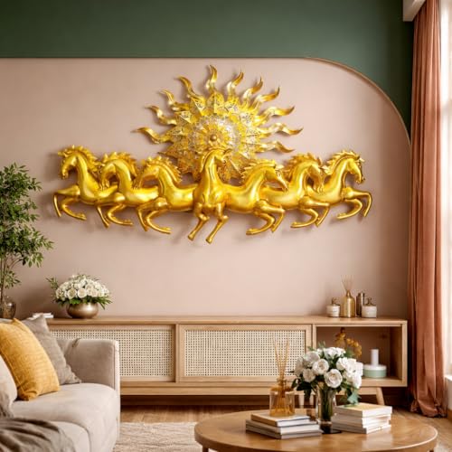 Image of iHandikart 7 Running Horses Metal Wall Art with Sun | Vastu Horses Wall Decor for Living Room | Golden Horses Wall Hanging | Luxury Metal Wall Decor for Home, Office & Entrance (36x21 Inch)