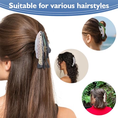 Fish Hair Claw Clip, 5 Inch Pearlescent White with Dots, Metal Spring Grip, Hair Accessory for Women
