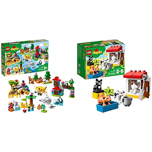 LEGO DUPLO Town World Animals 10907 Building Bricks, Toy Animal (121 Pieces) & DUPLO Town Farm Animals 10870 Building Blocks (16 Pieces)