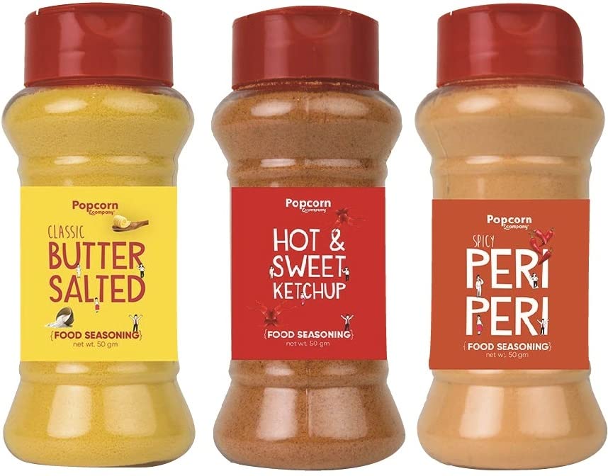 Image of Classic Butter Salted, Hot & Sweet & Peri Peri Instant Seasoning Mix Combo Pack of 3 - Unique Blend of Spices and Herbs for carbs - 200gm By Popcorn & Company