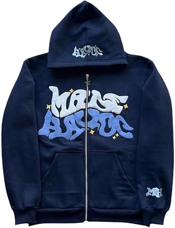 NUFR Y2K Zip Up Hoodies Puff Print Grunge Graphic Jackets Hip Hop Streetwear Sweatshirts Unisex