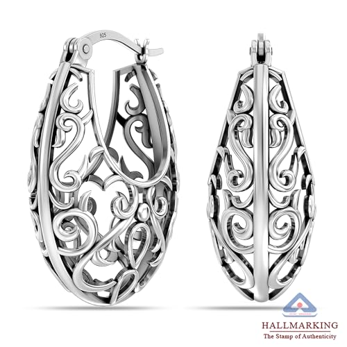 Image of TRUESILVER ACPL 925 Sterling Silver BIS Hallmarked Filigree Hoop Earrings for Women & Girls | Lightweight Designer Oval /Round Hoops | Everyday Wear | Gift for Her
