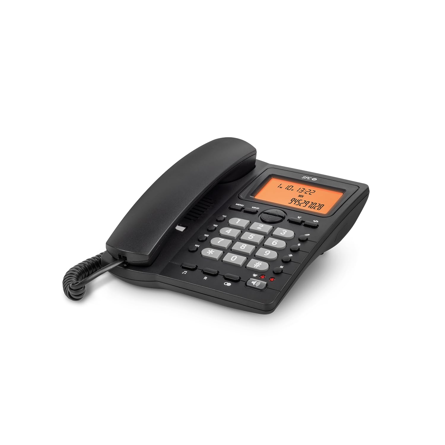 SPC Office ID 2 - Festnetztelefon mit beleuchtetem Display, 4 Direktspeichern und 10 indirekten Speichern, 2 Ruftonstufen, Anrufer-ID, Lichtsignal, Freisprechfunktion, Tisch-oder Wandmontage – Schwarz